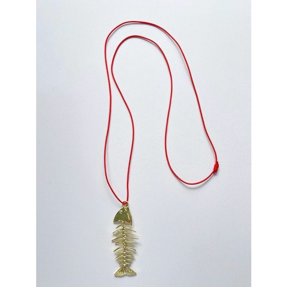 Gold Fishbone Pendant Necklace on Red Cord by Mayamar